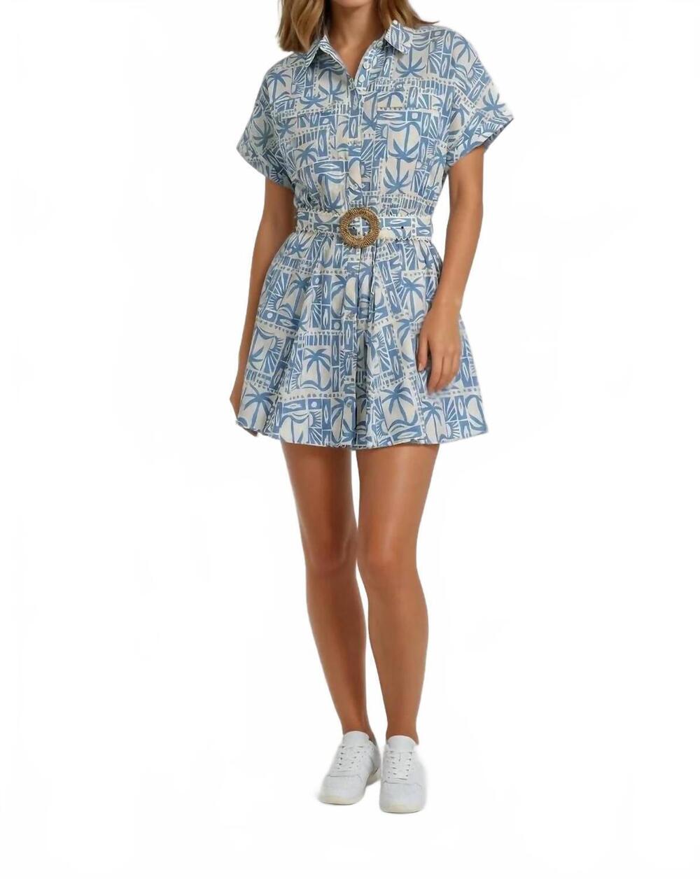NEW SINCERELY OURS coastal postcard belted mini dress in tide tile